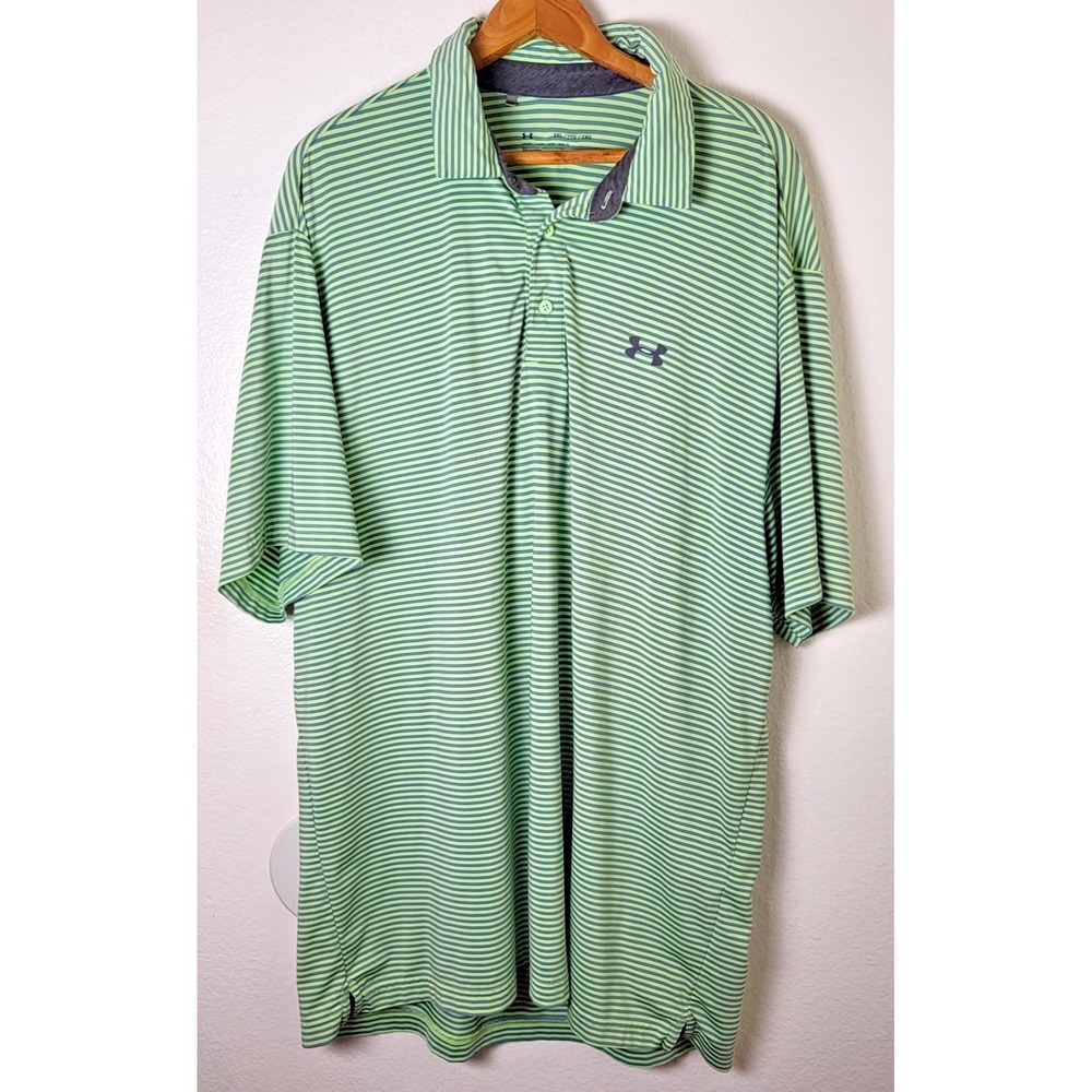 Under Armour Heatgear Polo Shirt 2XL Loose Green-Striped Golf Active Performance